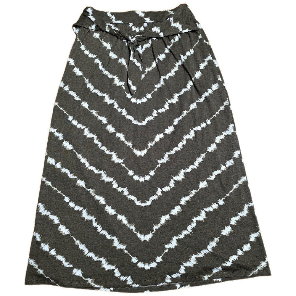 Cato Chevron Print Maxi Skirt Women's Size M Olive Green Tie Waist Pull On Lined